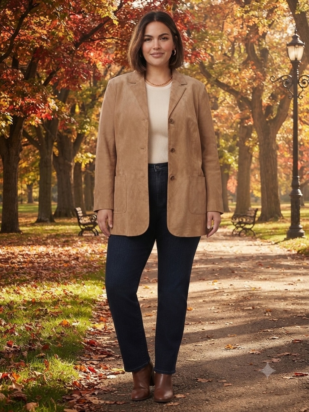 Lord & Taylor Sueded Leather Button-Front Coat Jacket in Camel Plus Size